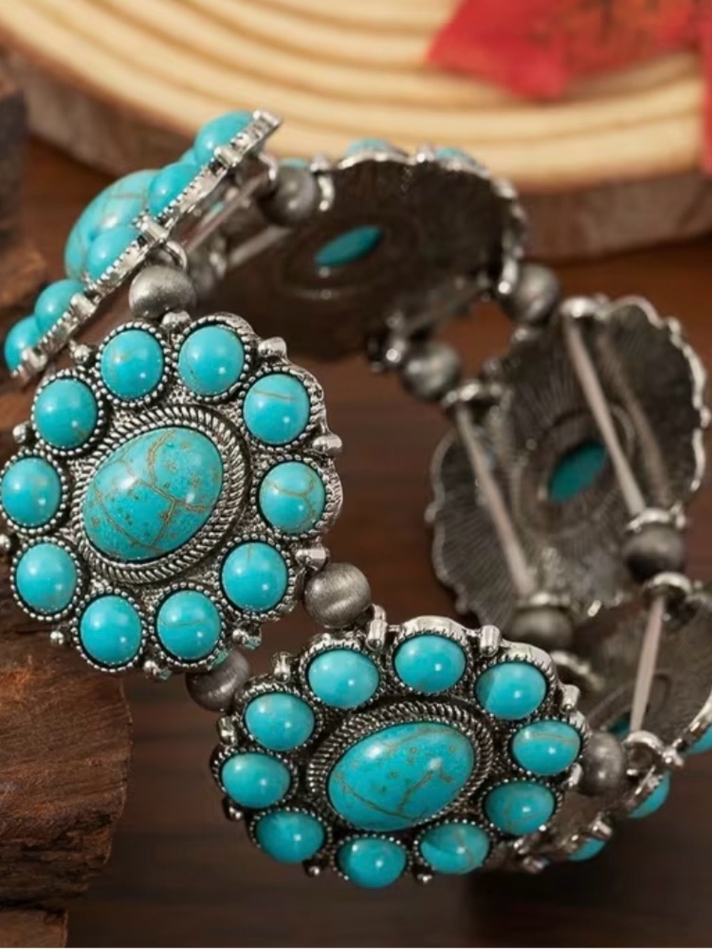 Inspired vintage Turquoise Floral Statement Stretch Bracelet - Women Jewelry